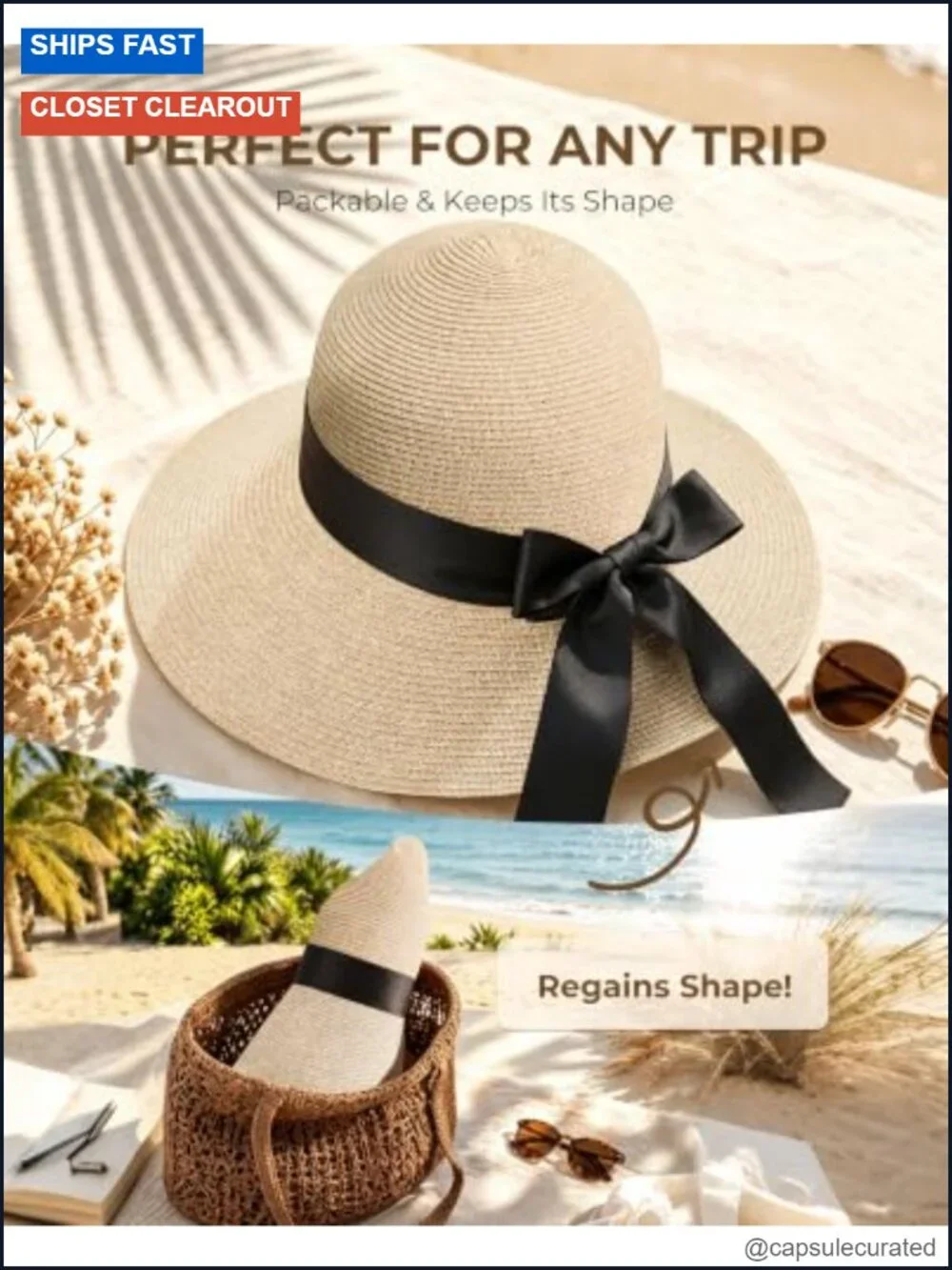 Wide Brim Straw Sun Hat for Women UPF 50+ Packable Beach Travel